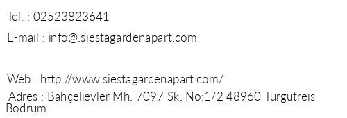 Siesta Garden Apart Hotel telefon numaralar, faks, e-mail, posta adresi ve iletiim bilgileri